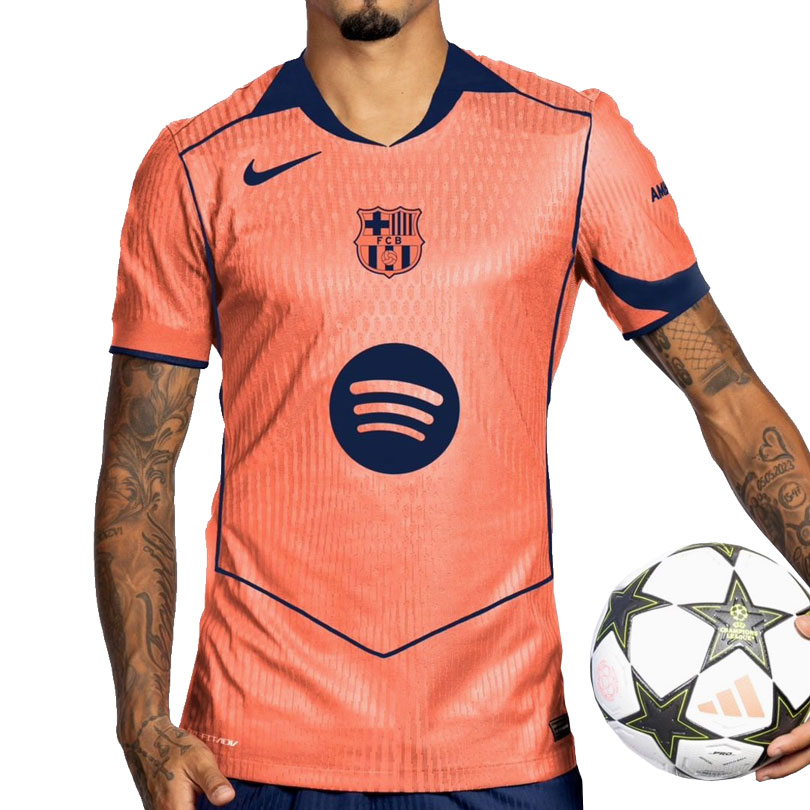 Třetí dres FC Barcelona 2025/26 – živá barva Bright Mango s retro detaily inspirovanými Nike Total 90, která připomíná ikonickou ér