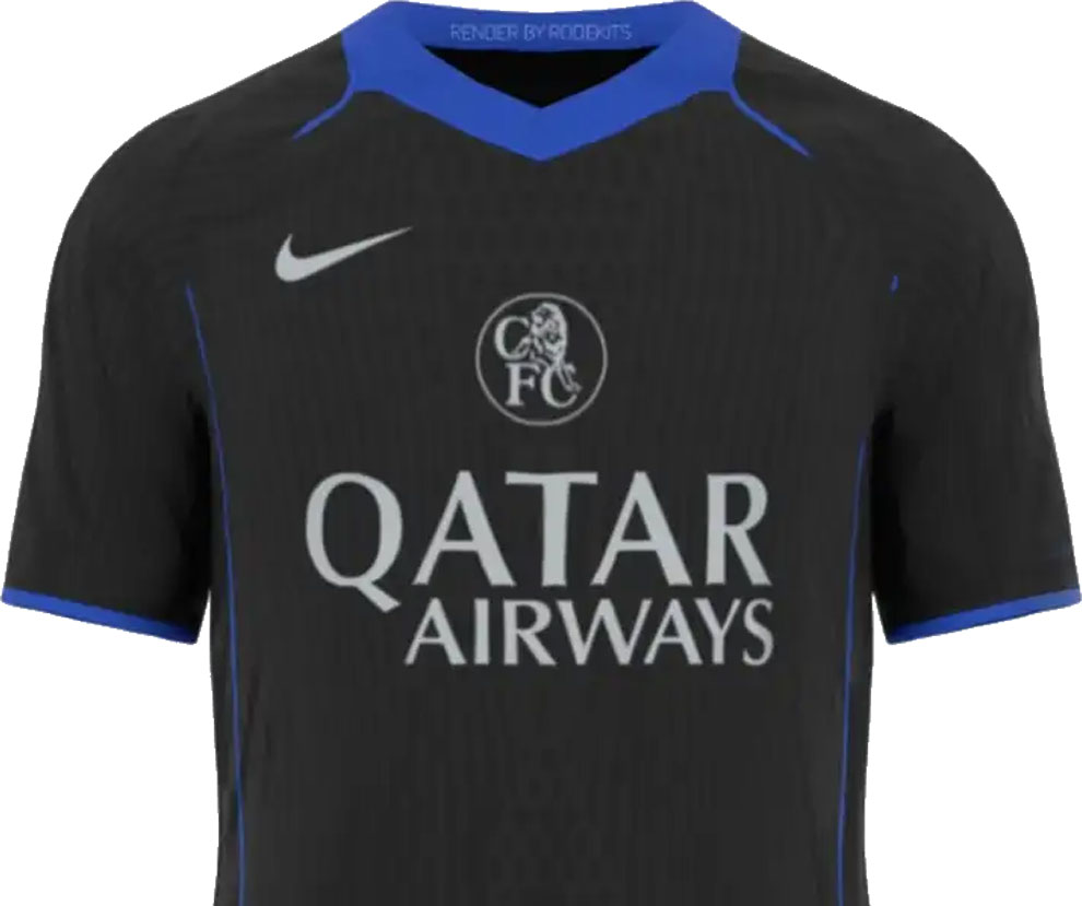 Náhled třetího dresu Chelsea pro sezónu 2025/26. Dres má tmavě černou barvu s výraznými modrými akcenty na výstřihu do V a koncích rukávů. Na prsou je logo klubu, logo výrobce Nike a sponzor "QATAR AIRWAYS