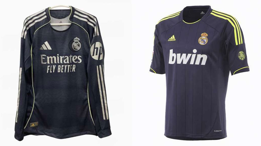 Například: Tmavě modrý venkovní dres Realu Madrid pro sezónu 2025-2026 s elegantními stříbrnými logy Adidas a Emirates Fly Better. Na levém rukávu logo HP.