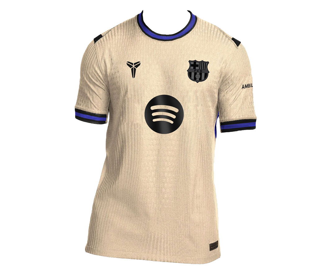 Venkovní dres FC Barcelona 2025/26 – zlatý design s purpurovými a černými detaily, inspirovaný Kobe Bryantem a jeho legendárním ‚Mamba‘ stylem.